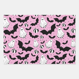 Pink ghosts, bats and pumpkins wrapping paper sheet