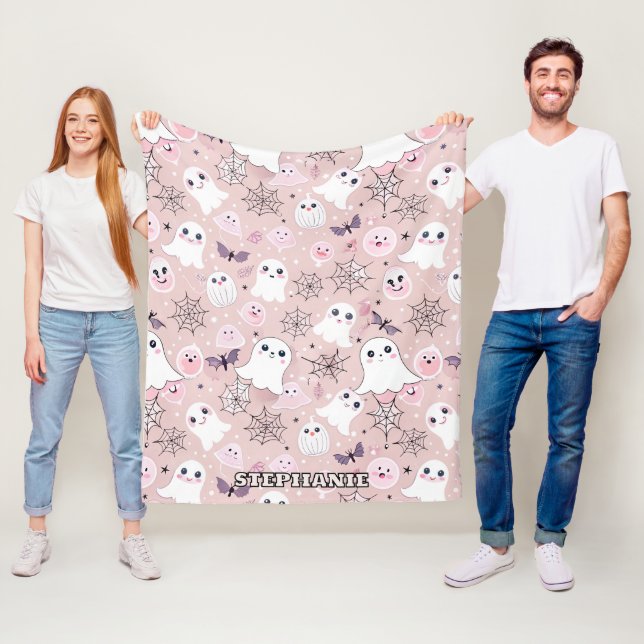Pink Ghosts & Halloween Elements Seamless Pattern Fleece Blanket (In Situ)