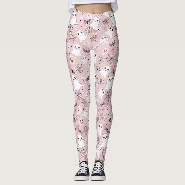 Pink Ghosts & Halloween Elements Seamless Pattern Leggings (Front)