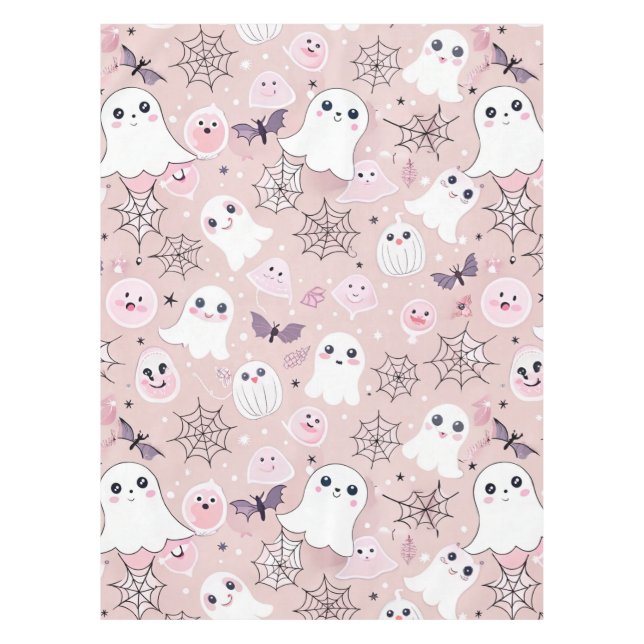 Pink Ghosts & Halloween Elements Seamless Pattern Tablecloth (Front)