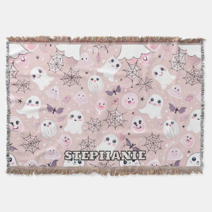 Pink Ghosts & Halloween Elements Seamless Pattern Throw Blanket