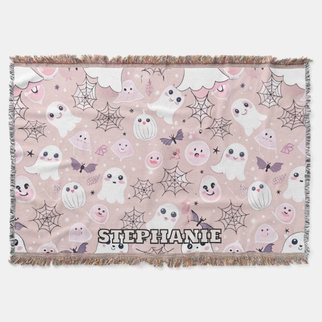 Pink Ghosts & Halloween Elements Seamless Pattern Throw Blanket (Front)