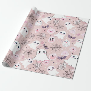 Pink Ghosts & Halloween Elements Seamless Pattern Wrapping Paper