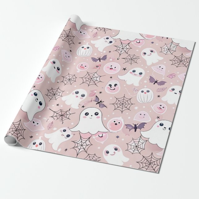 Pink Ghosts & Halloween Elements Seamless Pattern Wrapping Paper (Unrolled)