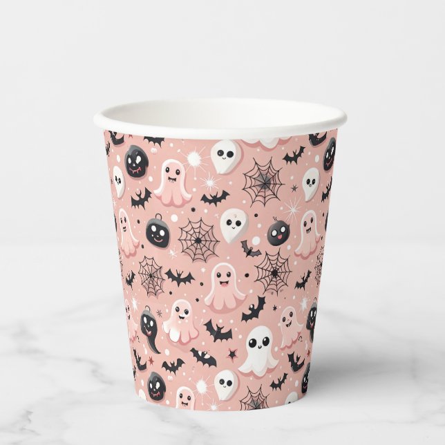 Pink Ghosts & Halloween Seamless Pattern  Paper Cups (Front)