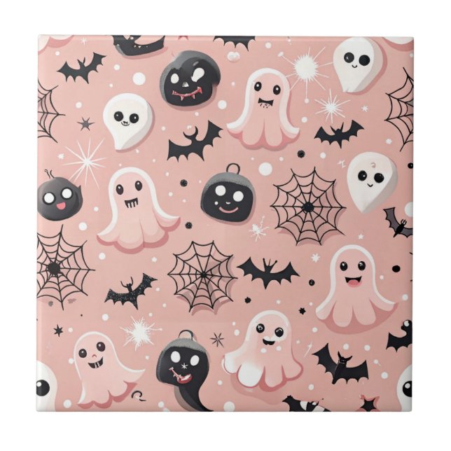 Pink Ghosts & Halloween Seamless Pattern  Tile (Front)