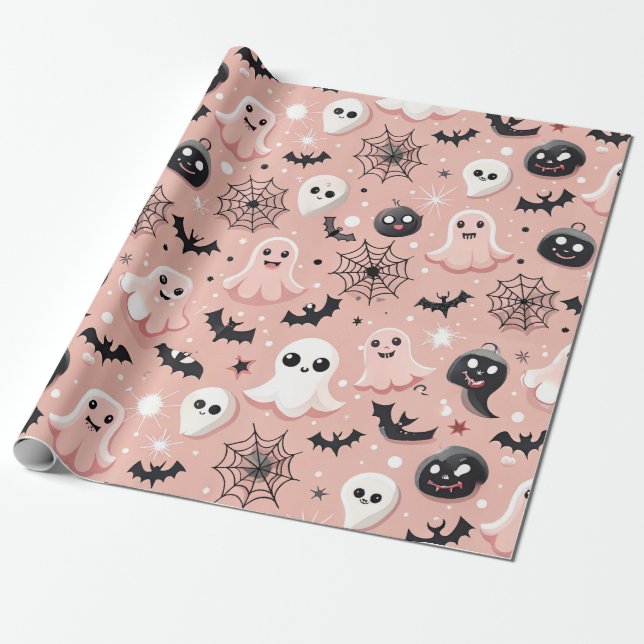 Pink Ghosts & Halloween Seamless Pattern  Wrapping Paper (Unrolled)