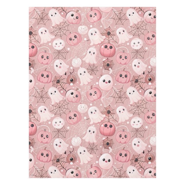 Pink Ghosts & Pumpkins Whimsical Halloween Tablecloth (Front)