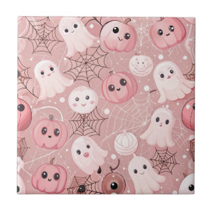 Pink Ghosts & Pumpkins Whimsical Halloween Tile