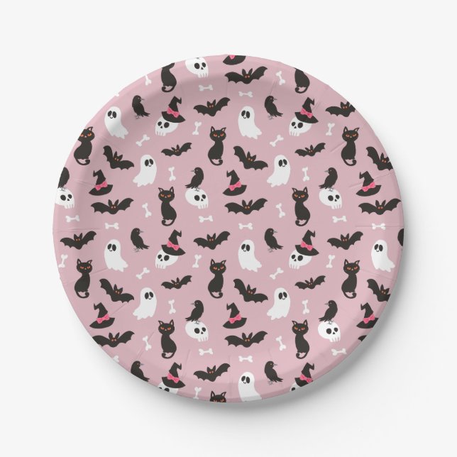 Pink Ghosts Skulls Ravens Cats Halloween Patterns Paper Plate (Front)