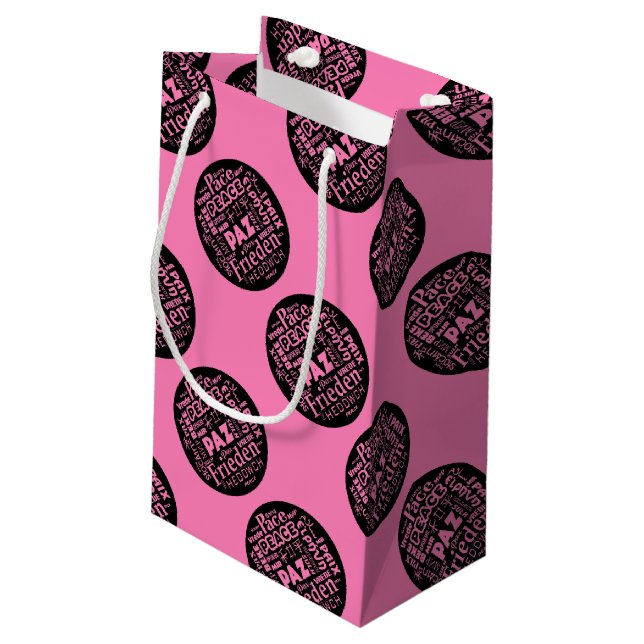 Pink gift bag peace design in multiple languages (Back Angled)