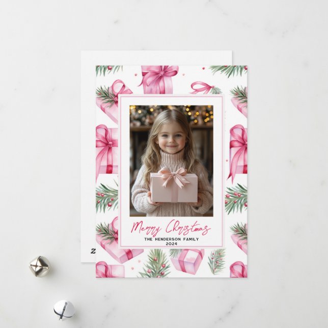 Pink Gifts & Bows Custom Christmas Photo & Name Holiday Card (Front/Back In Situ)
