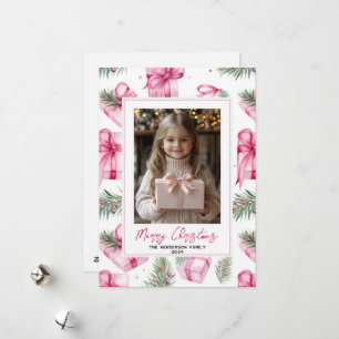 Pink Gifts & Bows Custom Christmas Photo & Name Holiday Card