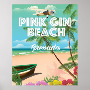 pink gin beach Grenada travel poster