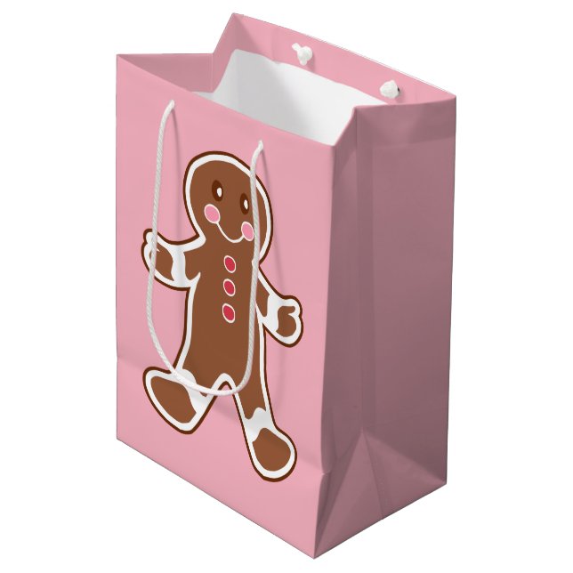 Pink Gingerbread Christmas Gift Bag (Front Angled)