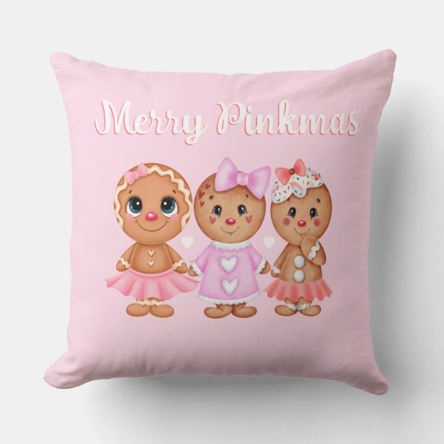 Pink Gingerbread Christmas Throw Pillow (Front)