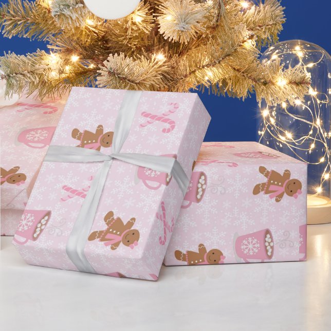 Pink Gingerbread Christmas  Wrapping Paper (Holidays)