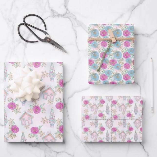 Pink Gingerbread Christmas Wrapping Paper Sheet (Front)