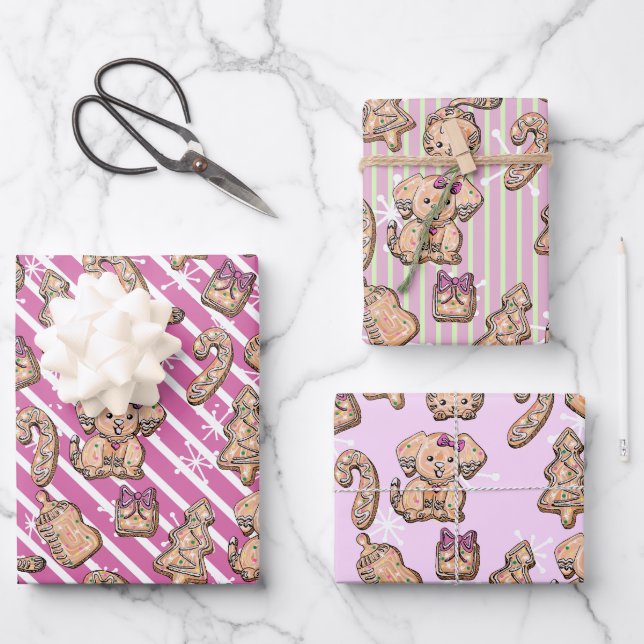 Pink Gingerbread Cookie Kitten & Pup Winter Baby Wrapping Paper Sheet (Front)