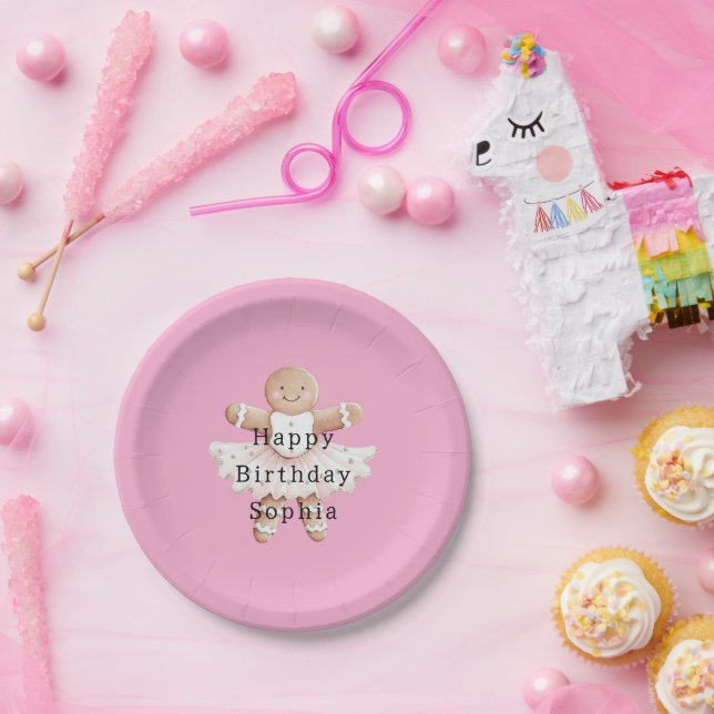 Pink Gingerbread Girl Ballerina Ballet Birthday Paper Plate (Party)