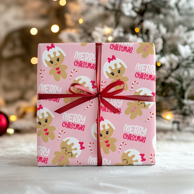 Pink Gingerbread Girl Christmas Wrapping Paper (Creator Uploaded)