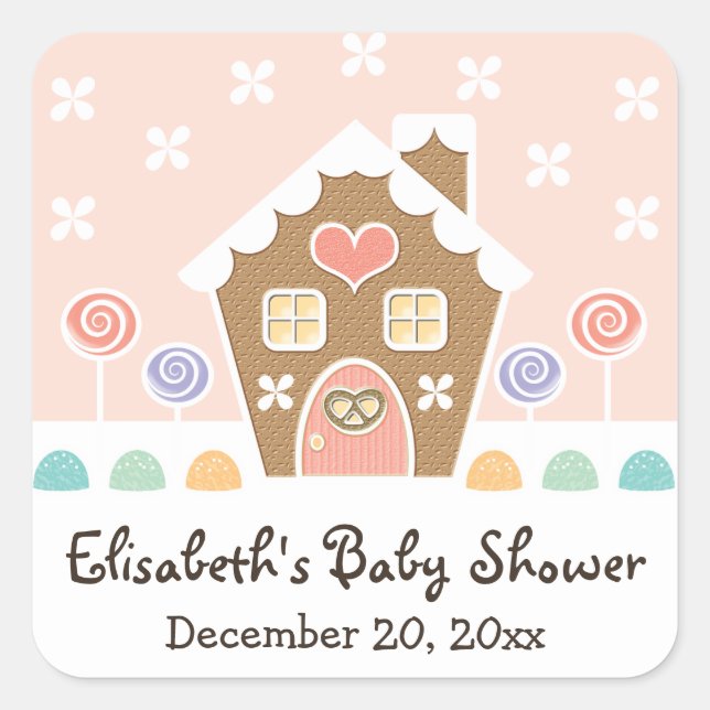 PINK GINGERBREAD HOUSE BABY SHOWER PARTY FAVOR SQUARE STICKER (Front)