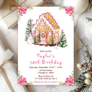 Pink Gingerbread House Birthday Party Invitation