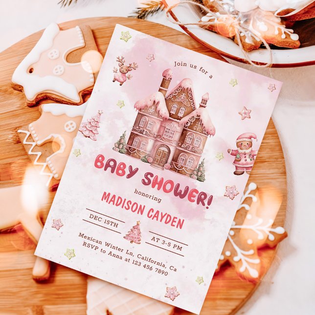 Pink Gingerbread House Christmas Baby Shower Invitation (Creator Uploaded)