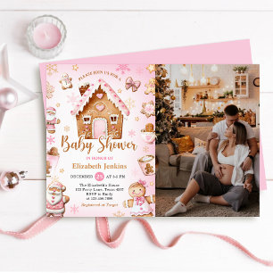 Pink Gingerbread House Christmas Baby Shower Photo Invitation