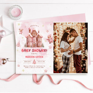 Pink Gingerbread House Christmas Baby Shower Photo Invitation