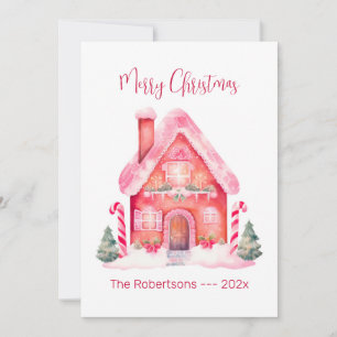 Pink Gingerbread House Christmas Card