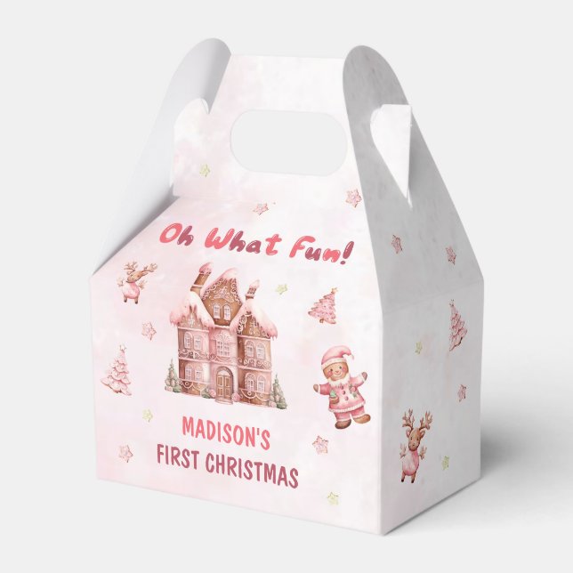 Pink Gingerbread House Christmas First Birthday Favor Box (Front Side)