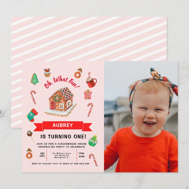 Pink Gingerbread House Christmas First Birthday In Invitation (Front/Back)