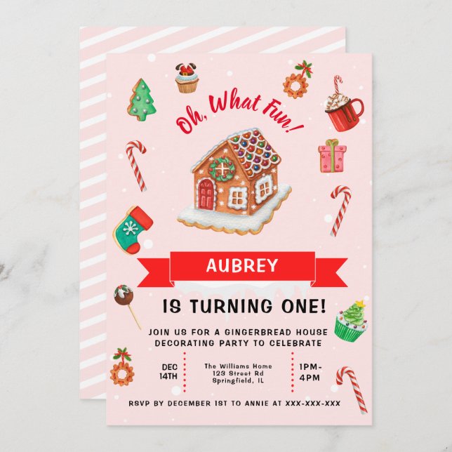 Pink Gingerbread House Christmas First Birthday Invitation (Front/Back)