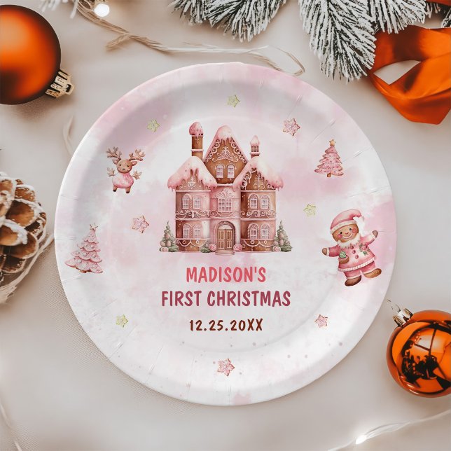 Pink Gingerbread House Christmas First Birthday Paper Plate (Creator Uploaded)