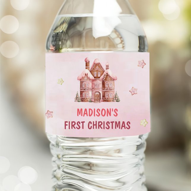 Pink Gingerbread House Christmas First Birthday Water Bottle Label (Creator Uploaded)