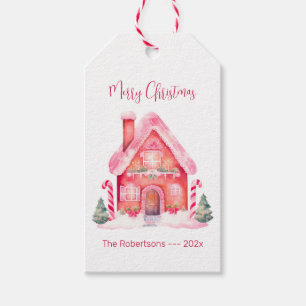Pink Gingerbread House Christmas Gift Tags