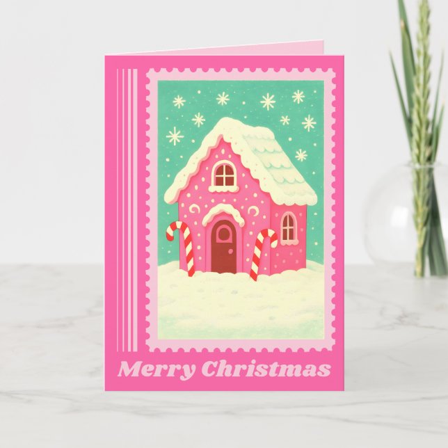 Pink Gingerbread House Christmas Postage Stamp Holiday Card (Front)