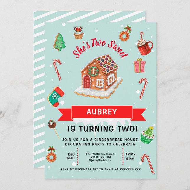 Pink Gingerbread House Christmas Second Birthday  Invitation (Front/Back)