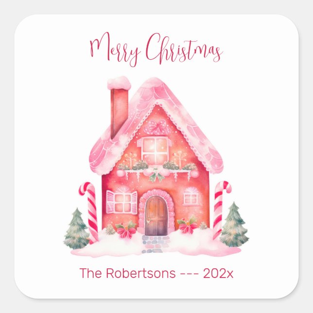 Pink Gingerbread House Christmas Sticker (Front)