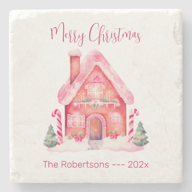 Pink Gingerbread House Christmas Stone Coaster (Front)