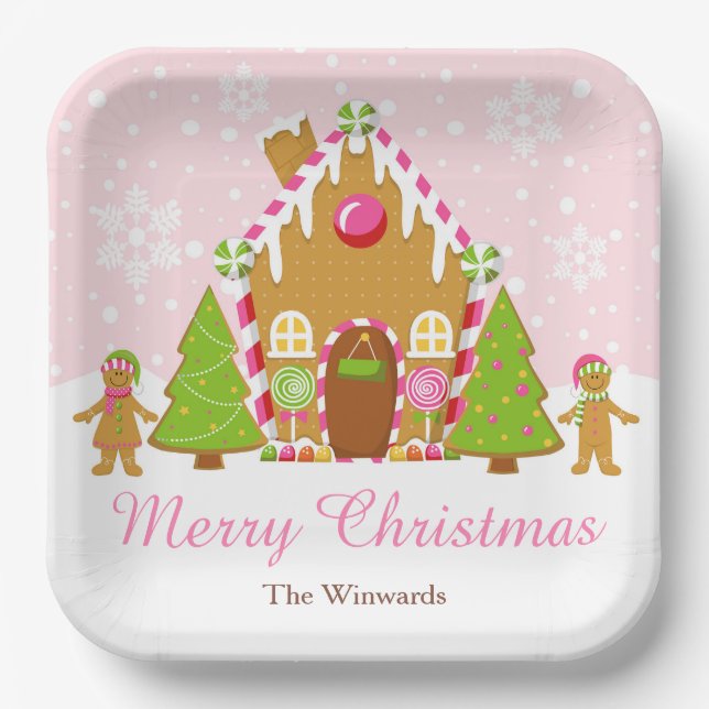 Pink Gingerbread House Decorating Christmas Party Paper Plate (Front)