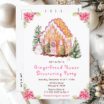 Pink Gingerbread House Decorating Party Postcard<br><div class="desc">This elegant and festive gingerbread house decorating party invitation features a watercolor gingerbread house and beautiful pink poinsettia flowers. The text combines handwritten script and sans serif fonts for a stylish and modern look. The snowman, decorated pine trees and holiday wreath add a festive touch. This is perfect for Christmas...</div>