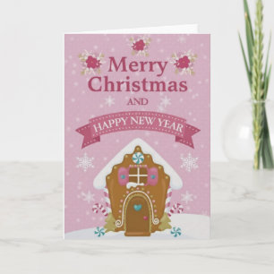 Pink Gingerbread House Merry Christmas Card