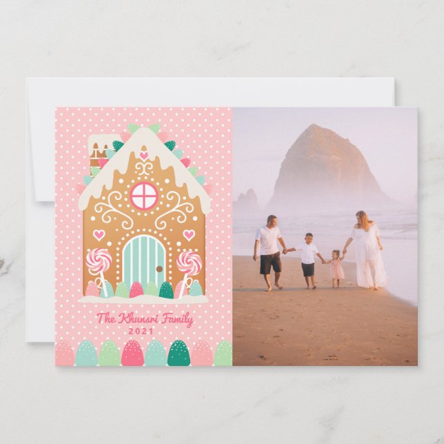 Pink Gingerbread House Photo Christmas Card  (Front)