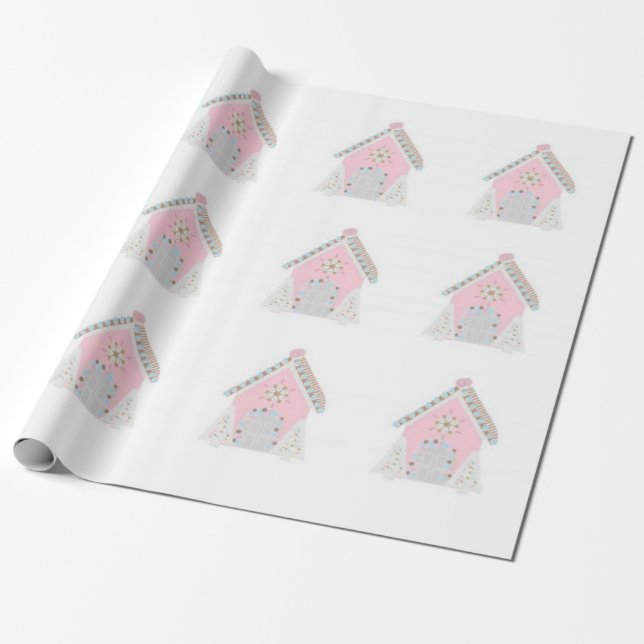 Pink gingerbread house wrapping paper (Unrolled)