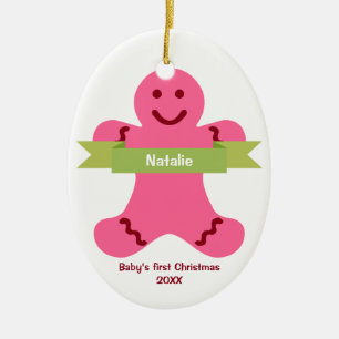 Pink gingerbread kid green banner name baby first ceramic ornament