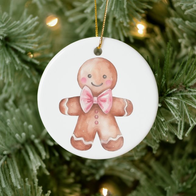 Pink Gingerbread Man Christmas Ceramic Ornament (Tree)