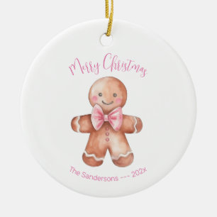 Pink Gingerbread Man Christmas  Ceramic Ornament