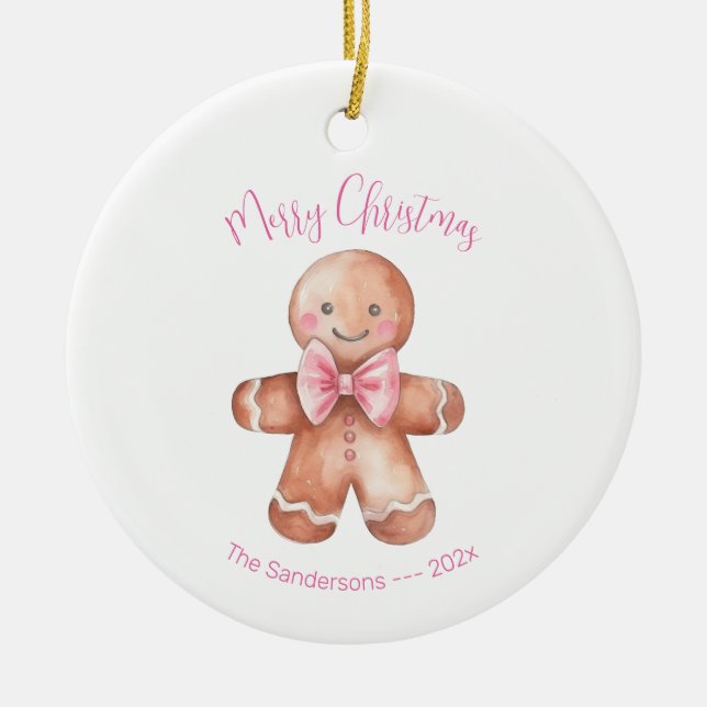 Pink Gingerbread Man Christmas  Ceramic Ornament (Front)